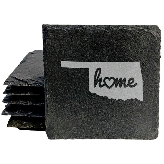 Rustic Slate Coasters Set of 4, Round 4" with Oklahoma 'Home' Heart Design, Perfect for Holidays, Birthdays, Housewarming Gifts, She-Shed or Man Cave, Made in Oregon, USA, Natural Chipped Edge