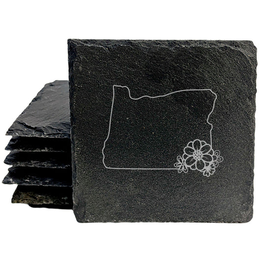 Rustic Slate Coasters Set of 4 - Laser Etched Oregon Design with Flower - Perfect Gift for Holidays, Birthdays, Housewarming - 4" Round/Square - Made in USA - Natural Chipped Edge &amp; Rubber Feet