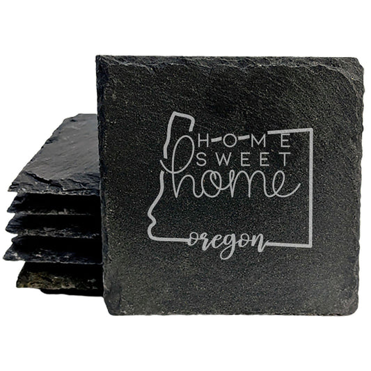 Rustic Slate Coasters Set of 4 - Oregon Design 'Home Sweet Home' - 4" Round with Natural Chipped Edge &amp; Rubber Feet - Perfect Gift for Holidays, Birthdays, Housewarming - Made in USA
