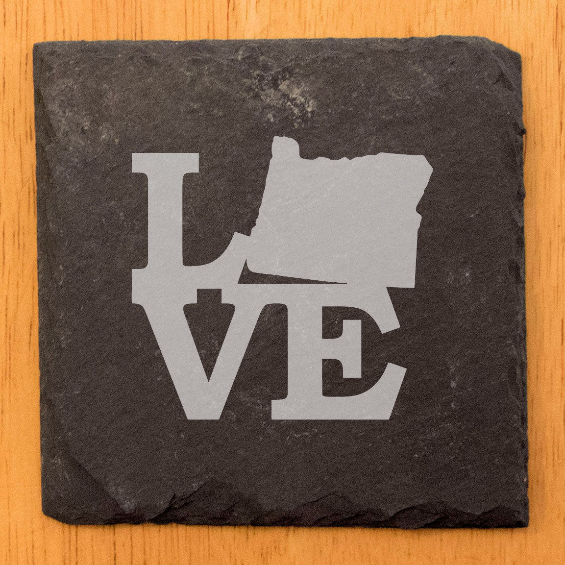 Rustic Slate Coasters Set of 4, Laser Etched 'LOVE' Design with Oregon State, 4" Round, Natural Chipped Edge, Rubber Feet, Perfect Gift for Holidays, Birthdays, Housewarming, Made in USA