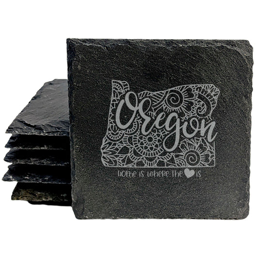 Rustic Slate Coasters Set of 4, Round 4" with Oregon Mandala Design, 'Home is Where the Heart Is' - Perfect Gift for Holidays, Birthdays, Housewarming - Made in USA, Small Business, Natural Edge