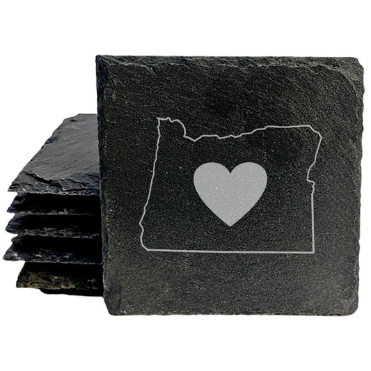 Rustic Slate Coasters Set of 4 - Oregon Heart Design, 4" Round, Natural Chipped Edge, Rubber Feet,  - Perfect for Holidays, Birthdays, Housewarming, She-Shed, Man Cave - USA Made