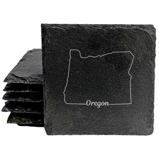 Rustic Slate Coasters Set of 4, Laser Etched Oregon Design, 4" Round, Natural Chipped Edge, Rubber Feet, Perfect for She-Shed, Man Cave, Gifts for Holidays, Birthdays, Housewarming, Made in USA