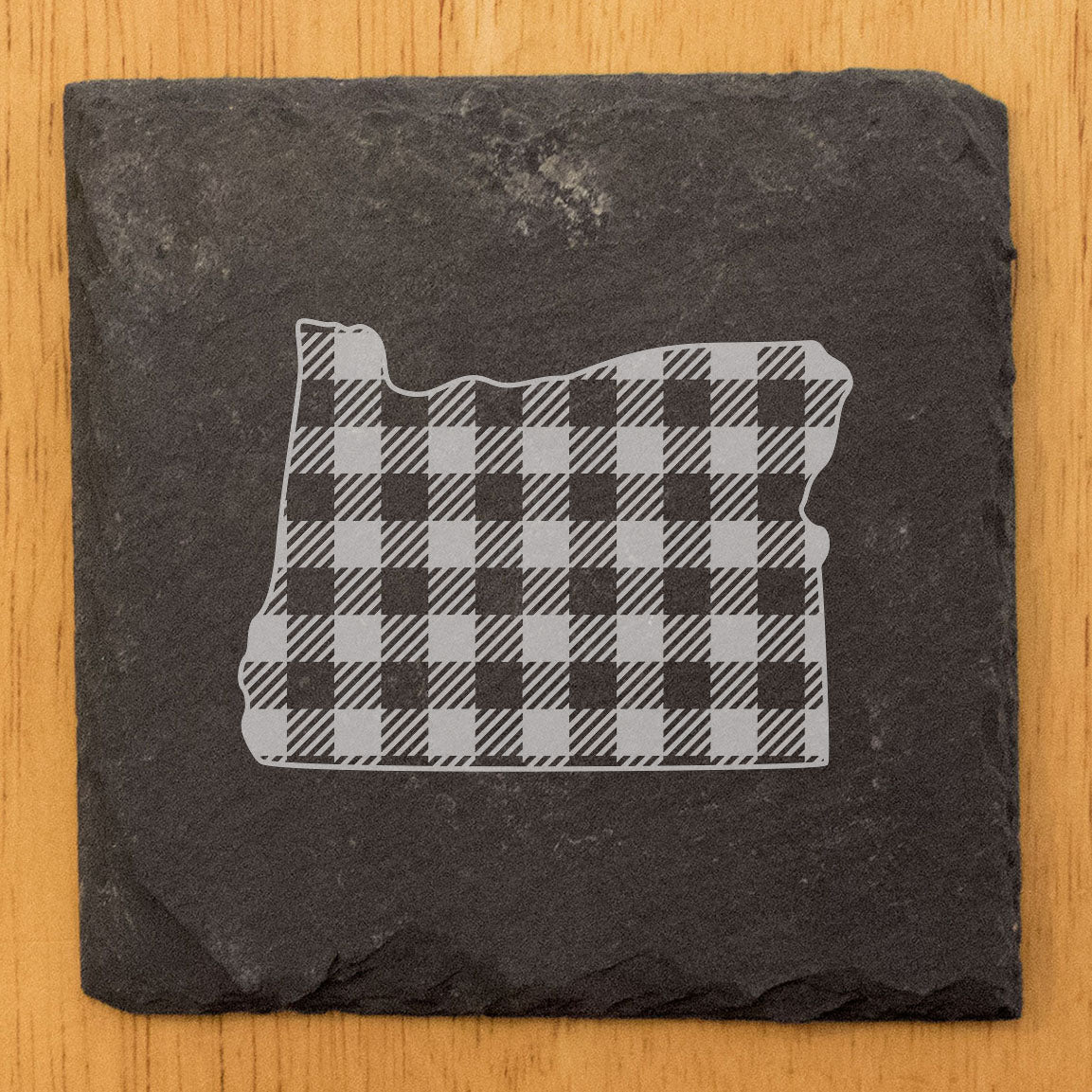 Rustic Slate Coasters Set of 4, Round 4" with Oregon Plaid Design, Laser Etched, Natural Chipped Edge, Rubber Feet, , Perfect for Holidays, Birthdays, Housewarming, Made in USA