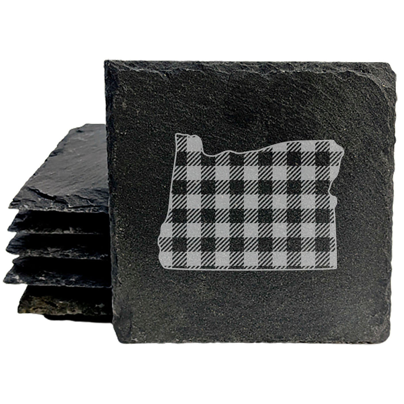 Rustic Slate Coasters Set of 4, Round 4" with Oregon Plaid Design, Laser Etched, Natural Chipped Edge, Rubber Feet, , Perfect for Holidays, Birthdays, Housewarming, Made in USA
