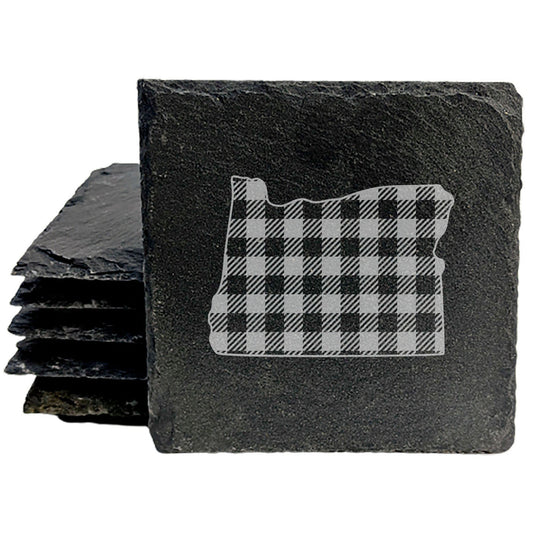 Rustic Slate Coasters Set of 4, Round 4" with Oregon Plaid Design, Laser Etched, Natural Chipped Edge, Rubber Feet, , Perfect for Holidays, Birthdays, Housewarming, Made in USA