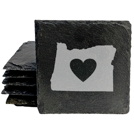 Rustic Slate Coasters Set of 4, Laser Etched Oregon Design with Heart, 4" Round, Natural Chipped Edge, Rubber Feet, , Perfect for Holidays, Birthdays, Housewarming, Made in USA