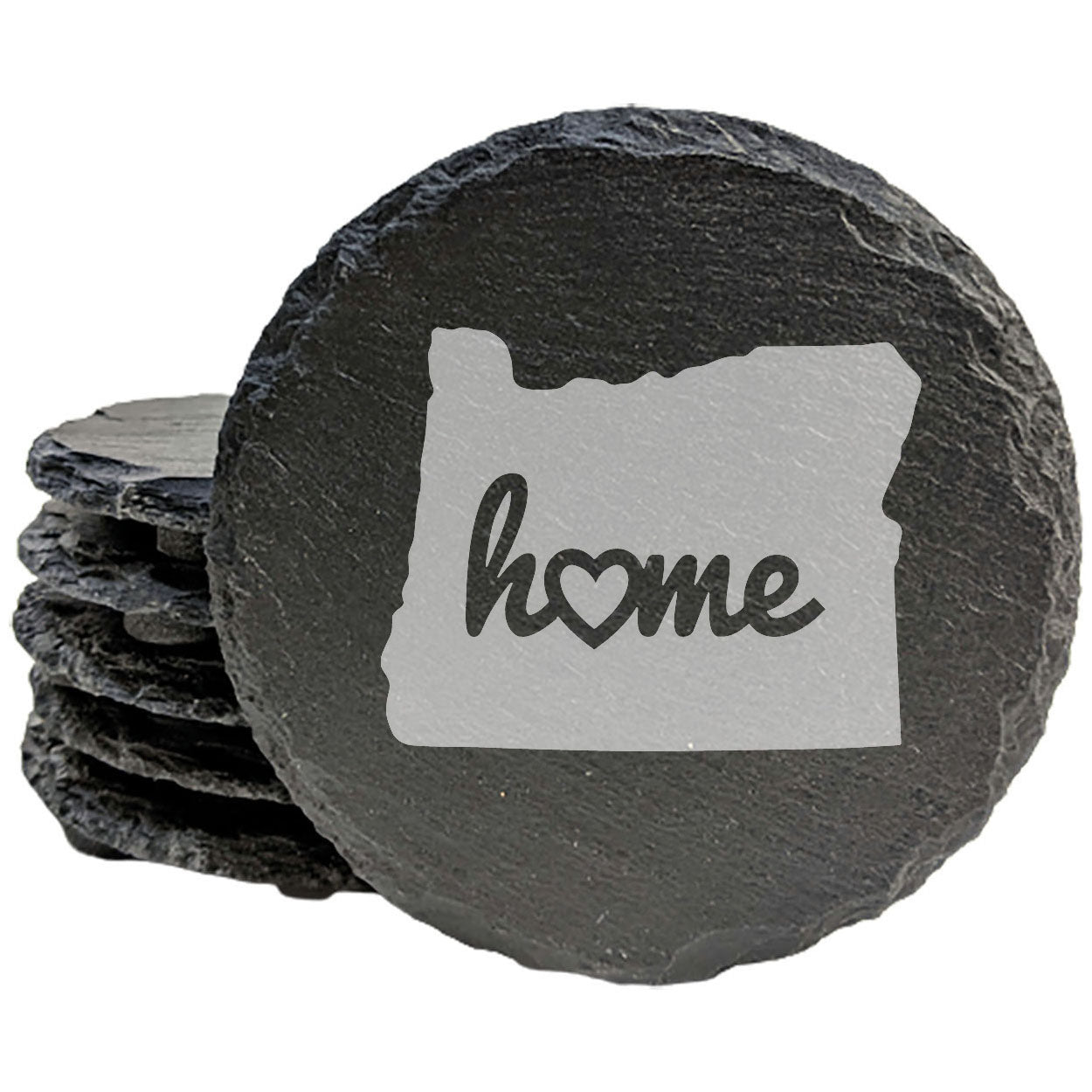 Rustic Slate Coasters Set of 4 - Oregon 'Home' Design, Heart Detail, 4" Round, Natural Chipped Edge, Rubber Feet,  - Perfect for Holidays, Birthdays, Housewarming, She-Shed, Man Cave