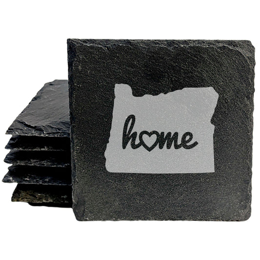 Rustic Slate Coasters Set of 4 - Oregon 'Home' Design, Heart Detail, 4" Round, Natural Chipped Edge, Rubber Feet,  - Perfect for Holidays, Birthdays, Housewarming, She-Shed, Man Cave