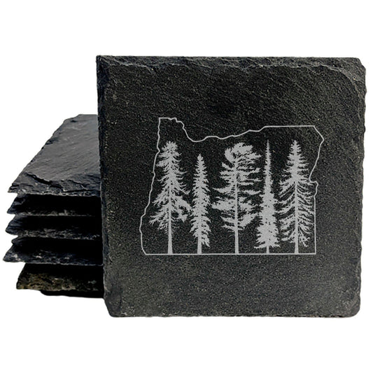 Rustic Slate Coasters Set of 4, Round 4" with Oregon State &amp; Evergreen Tree Design, Laser Etched, Natural Chipped Edge, Rubber Feet, , Perfect for She-Shed or Man Cave, Made in USA