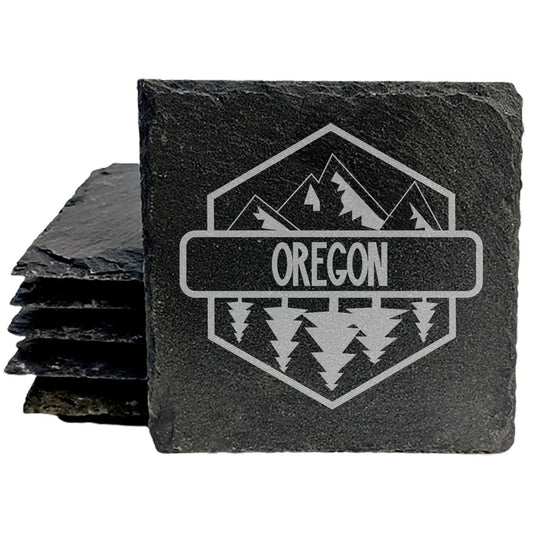 Rustic Slate Coasters Set of 4, Laser Etched Oregon Design, 4" Round, Natural Chipped Edge, Rubber Feet, Perfect for She-Shed, Man Cave, Gifts for Holidays, Birthdays, Housewarming, Made in USA
