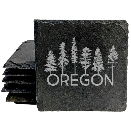 Rustic Slate Coasters Set of 4, Laser Etched Oregon Tree Design, 4" Round, Natural Chipped Edge, Rubber Feet, , Perfect for Holidays, Birthdays, Housewarming, Made in USA