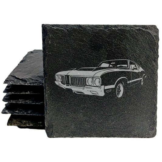 1970 Oldsmobile 442 Laser Etched Rustic Gray Slate Coasters Set of 4 - Perfect All-Occasion Gifts for Holidays, Birthdays, Housewarming - Round or Square with Natural Chipped Edge &amp; Rubber Feet