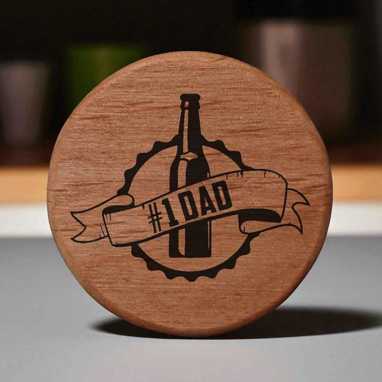 Alder Wood Bottle Opener - 3" Round Magnetic Beer Opener with #1 DAD Engraving - Fridge Magnet Bottle Opener for Dad - Perfect Father's Day Gift for Beer Lovers