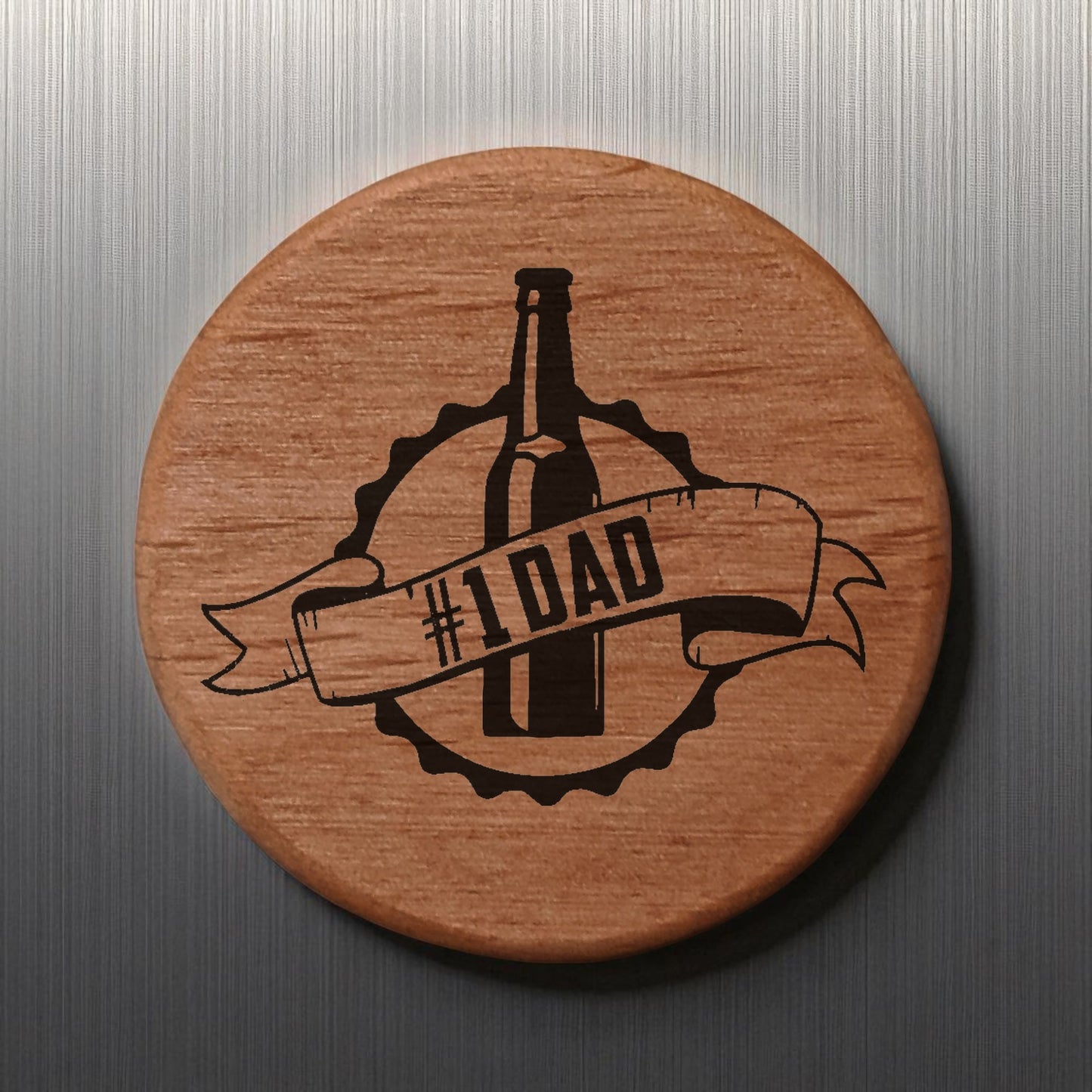Alder Wood Bottle Opener - 3" Round Magnetic Beer Opener with #1 DAD Engraving - Fridge Magnet Bottle Opener for Dad - Perfect Father's Day Gift for Beer Lovers