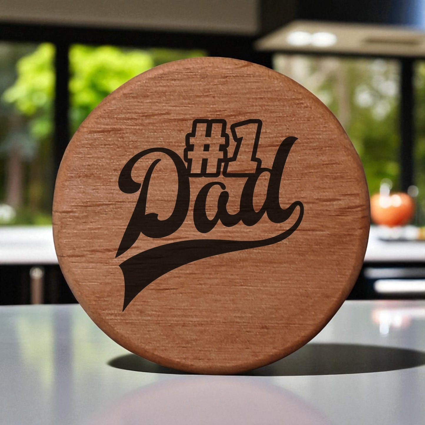 #1 Dad Alder Wood Bottle Opener - 3" Round Magnetic Beer Opener with Metal Insert, Laser Engraved Sports Font, Perfect Father's Day Gift for Fridge Kegerator BBQ Grill