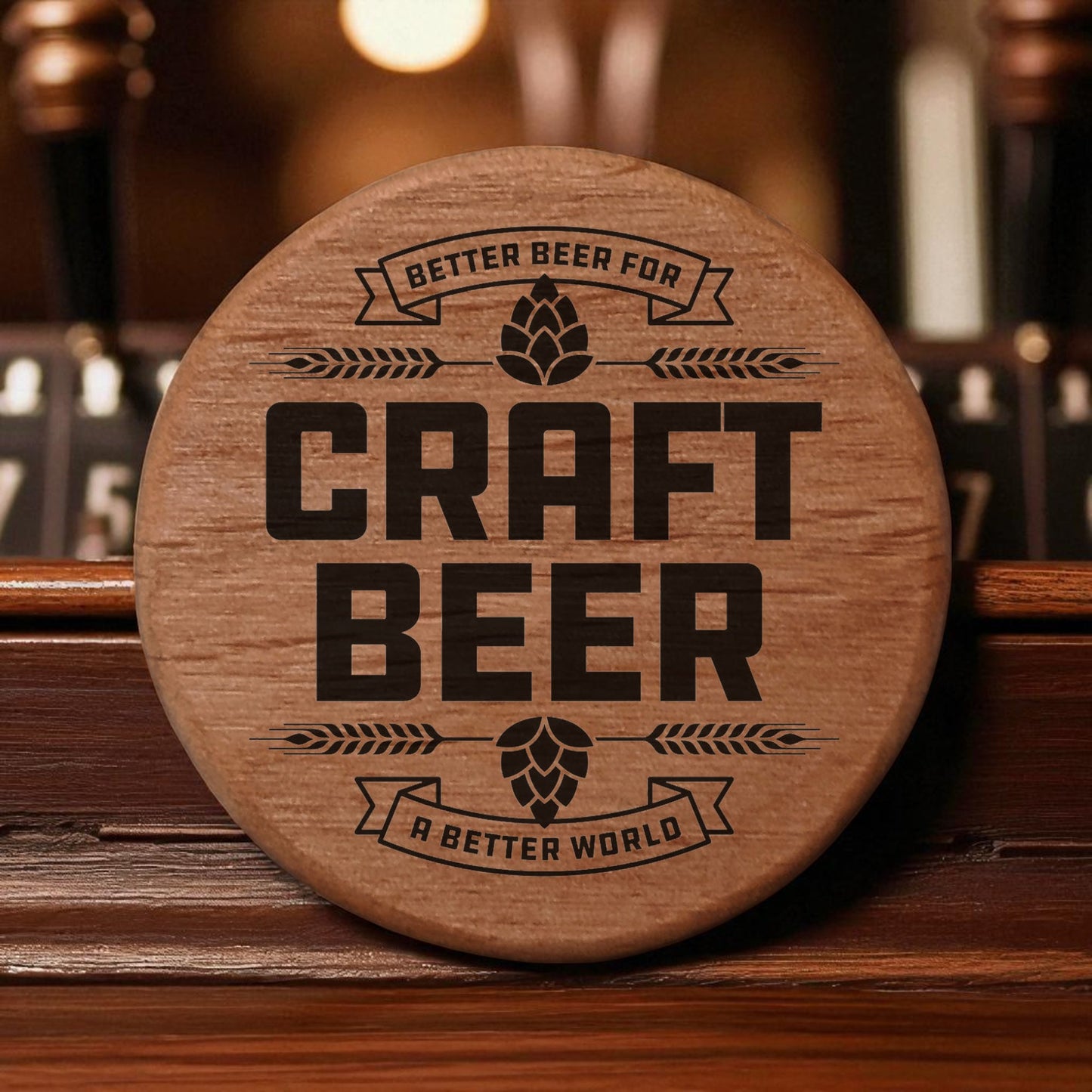 Craft Beer Bottle Opener - 3" Round Alder Wood with Magnets for Fridge, Kegerator, BBQ Grill - Laser Engraved Hops Design - Better Beer for a Better World Gift