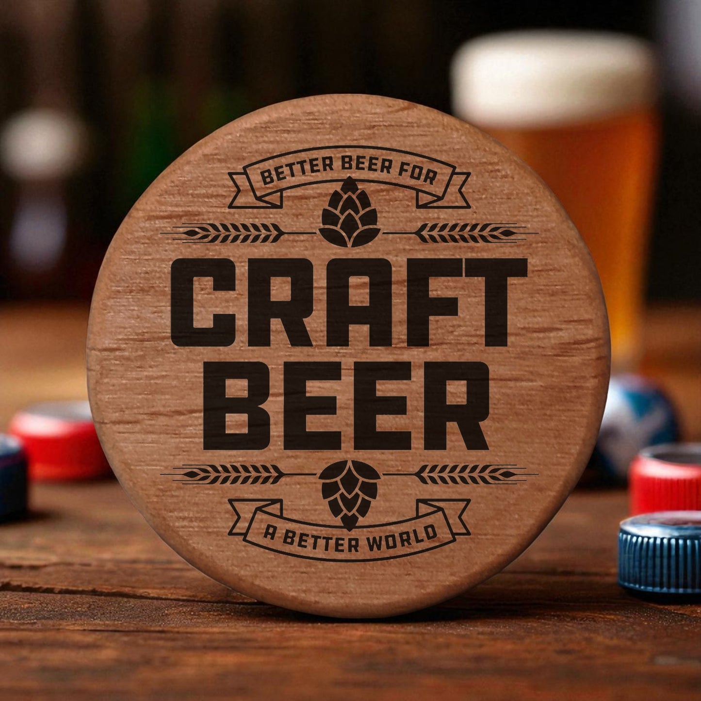 Craft Beer Bottle Opener - 3" Round Alder Wood with Magnets for Fridge, Kegerator, BBQ Grill - Laser Engraved Hops Design - Better Beer for a Better World Gift