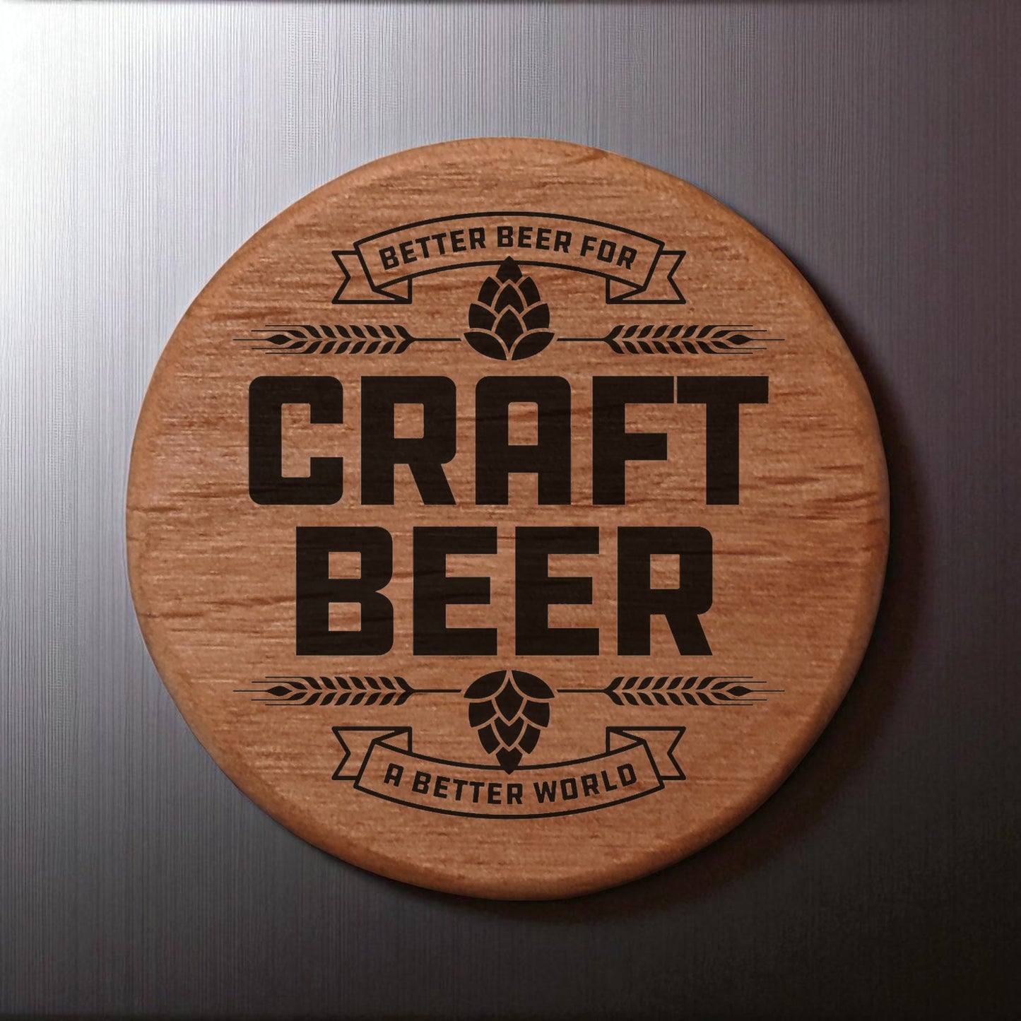 Craft Beer Bottle Opener - 3" Round Alder Wood with Magnets for Fridge, Kegerator, BBQ Grill - Laser Engraved Hops Design - Better Beer for a Better World Gift