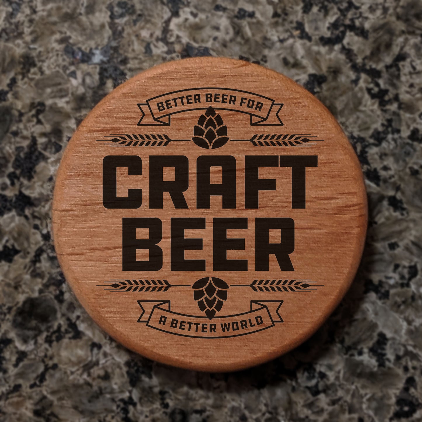 Craft Beer Bottle Opener - 3" Round Alder Wood with Magnets for Fridge, Kegerator, BBQ Grill - Laser Engraved Hops Design - Better Beer for a Better World Gift