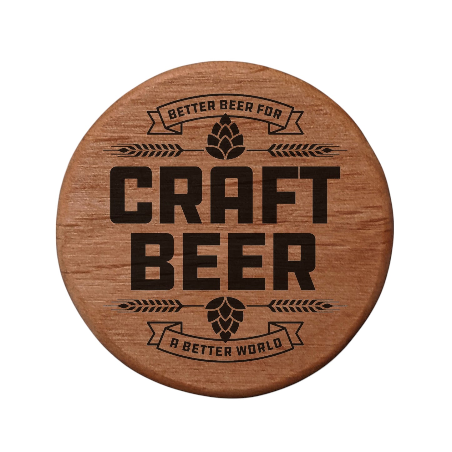 Craft Beer Bottle Opener - 3" Round Alder Wood with Magnets for Fridge, Kegerator, BBQ Grill - Laser Engraved Hops Design - Better Beer for a Better World Gift