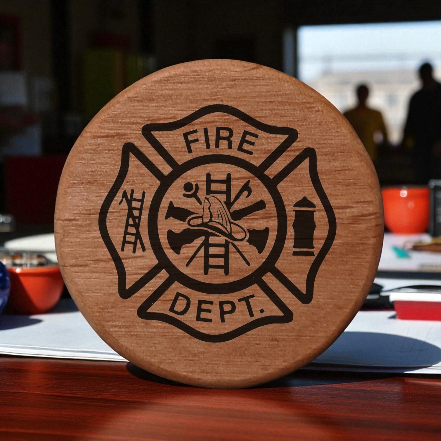 Firefighter Maltese Cross Wood Bottle Opener - 3" Alder Round with Magnets for Fridge, Kegerator, BBQ Grill - Fire Department Gift for Firemen & Fire Chiefs