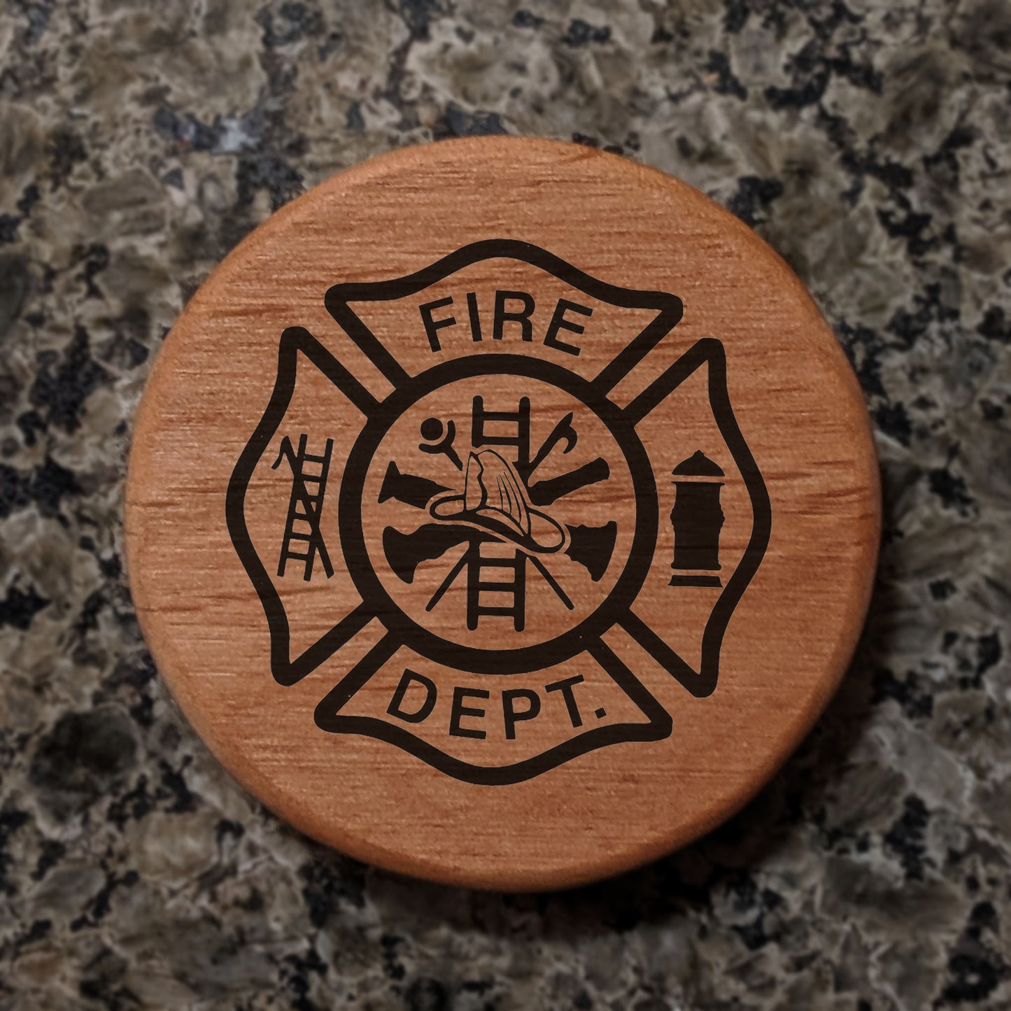 Firefighter Maltese Cross Wood Bottle Opener - 3" Alder Round with Magnets for Fridge, Kegerator, BBQ Grill - Fire Department Gift for Firemen & Fire Chiefs