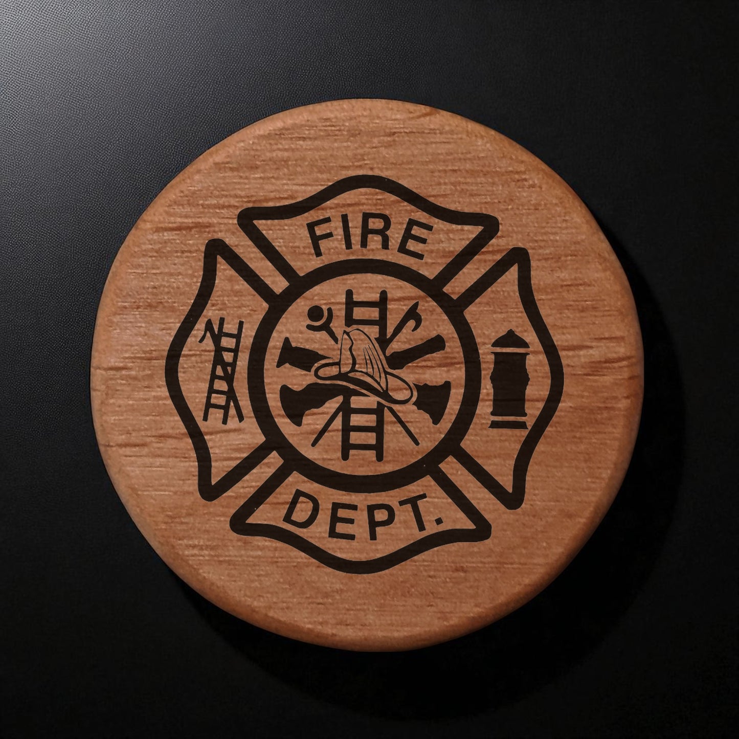 Firefighter Maltese Cross Wood Bottle Opener - 3" Alder Round with Magnets for Fridge, Kegerator, BBQ Grill - Fire Department Gift for Firemen & Fire Chiefs