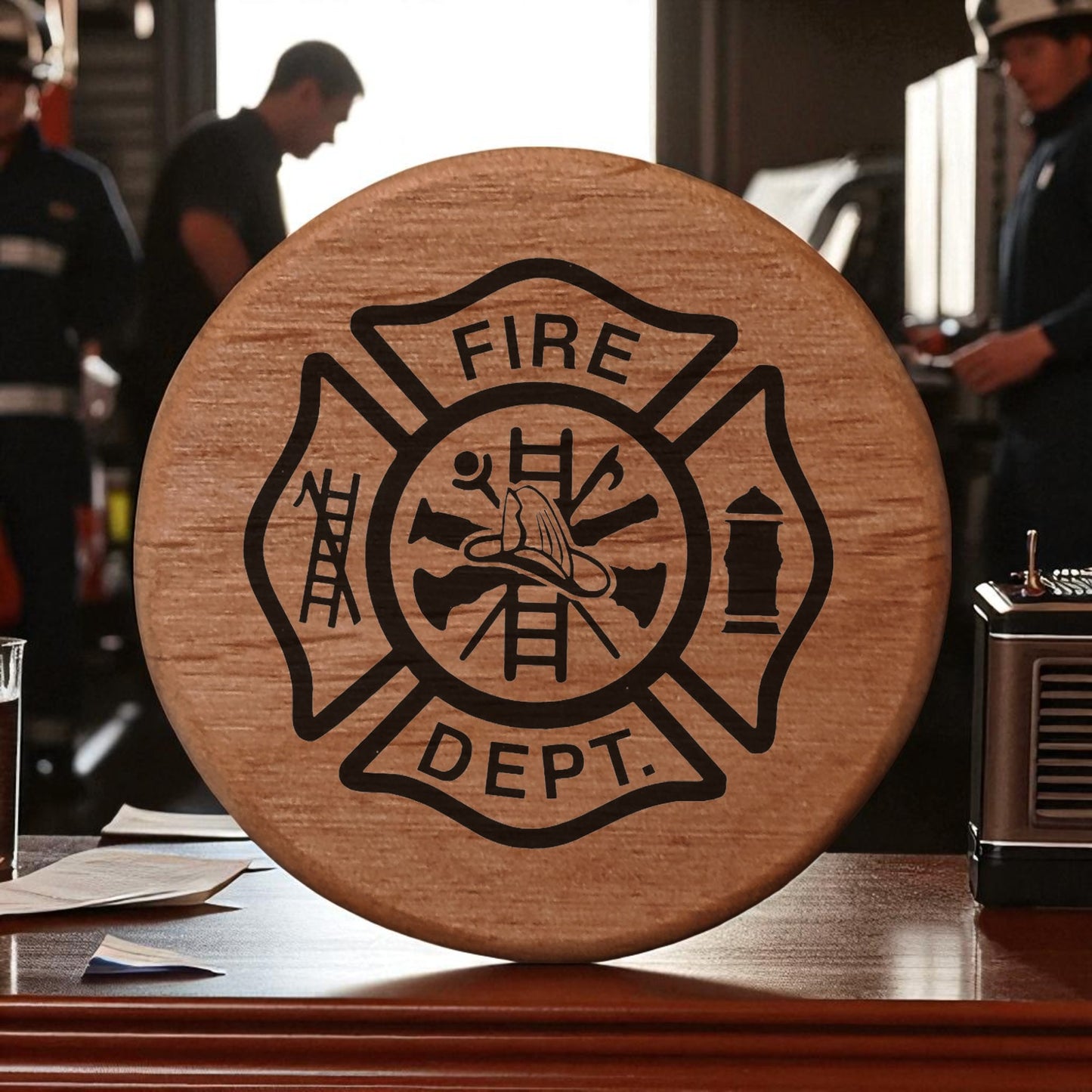 Firefighter Maltese Cross Wood Bottle Opener - 3" Alder Round with Magnets for Fridge, Kegerator, BBQ Grill - Fire Department Gift for Firemen & Fire Chiefs