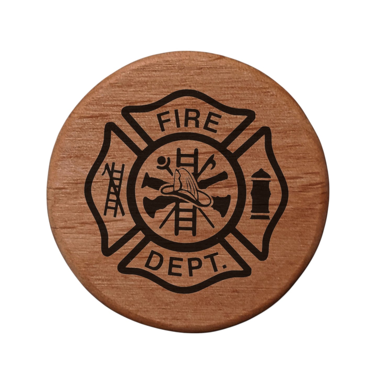 Firefighter Maltese Cross Wood Bottle Opener - 3" Alder Round with Magnets for Fridge, Kegerator, BBQ Grill - Fire Department Gift for Firemen & Fire Chiefs