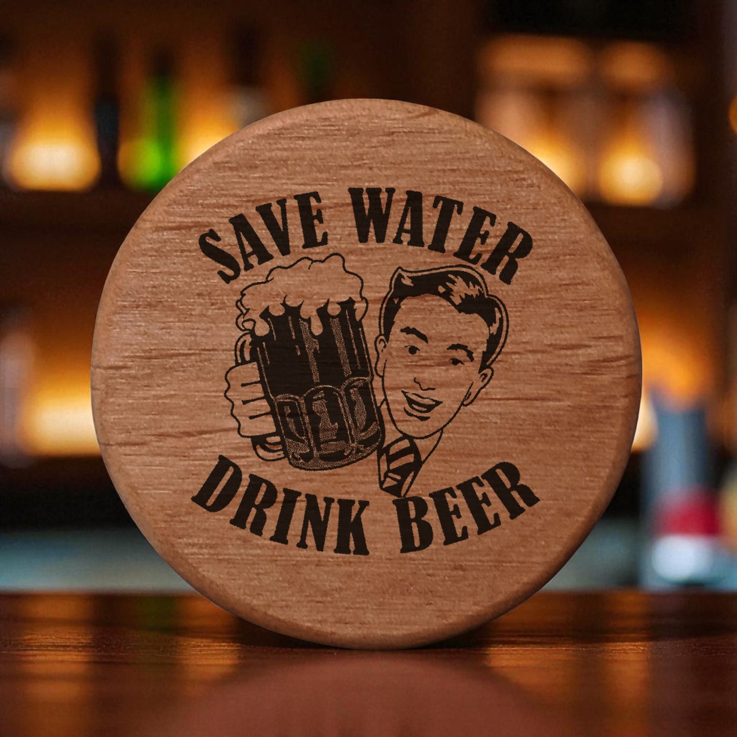 Alder Wood Bottle Opener - 3" Round Magnetic Beer Opener with Vintage Comic Design "Save Water Drink Beer" - Perfect for Fridge, Kegerator, BBQ Grill - Fun Bar Accessory