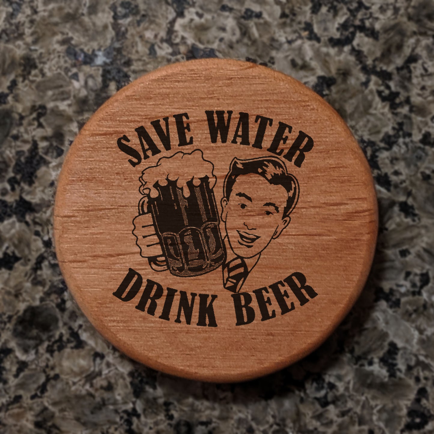Alder Wood Bottle Opener - 3" Round Magnetic Beer Opener with Vintage Comic Design "Save Water Drink Beer" - Perfect for Fridge, Kegerator, BBQ Grill - Fun Bar Accessory
