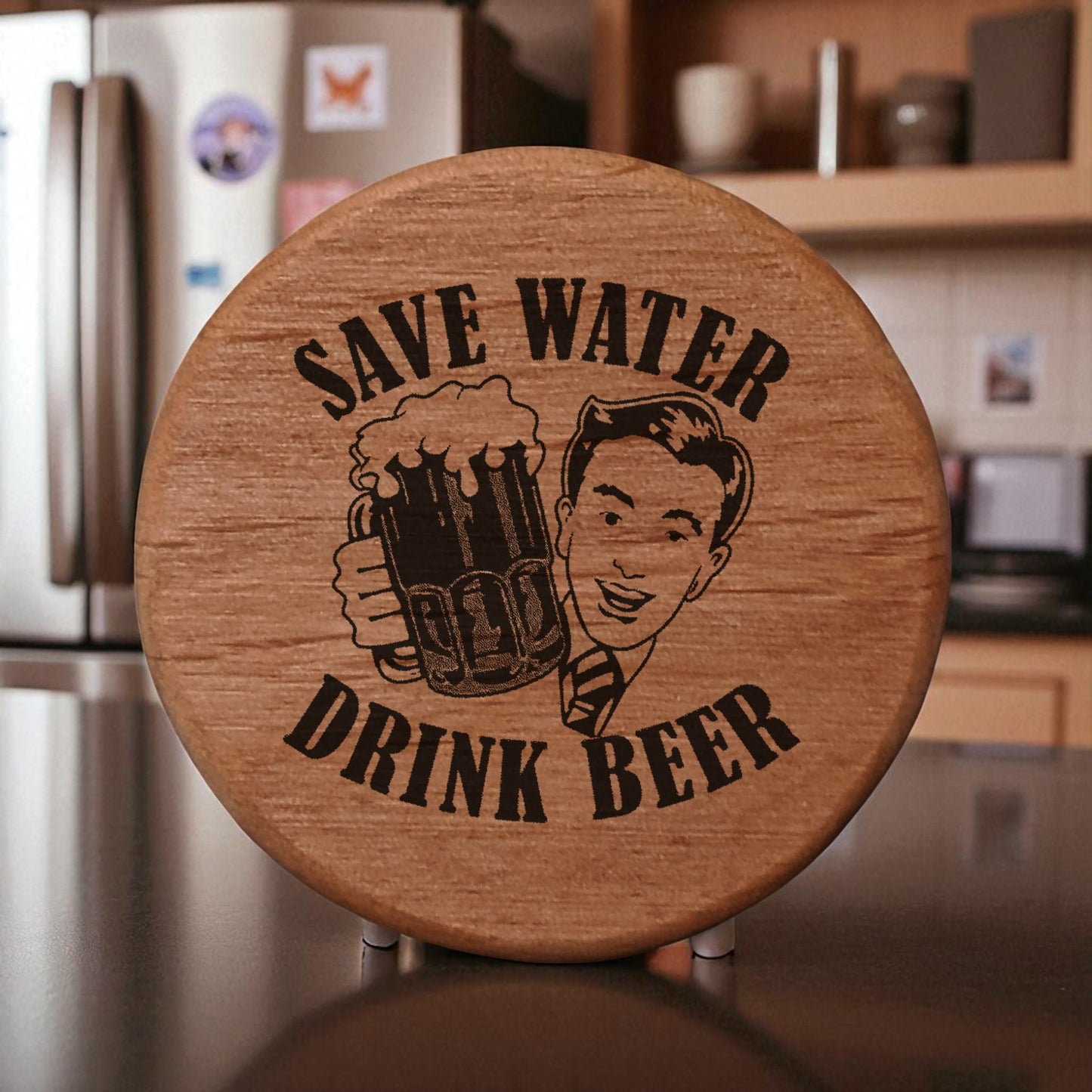 Alder Wood Bottle Opener - 3" Round Magnetic Beer Opener with Vintage Comic Design "Save Water Drink Beer" - Perfect for Fridge, Kegerator, BBQ Grill - Fun Bar Accessory