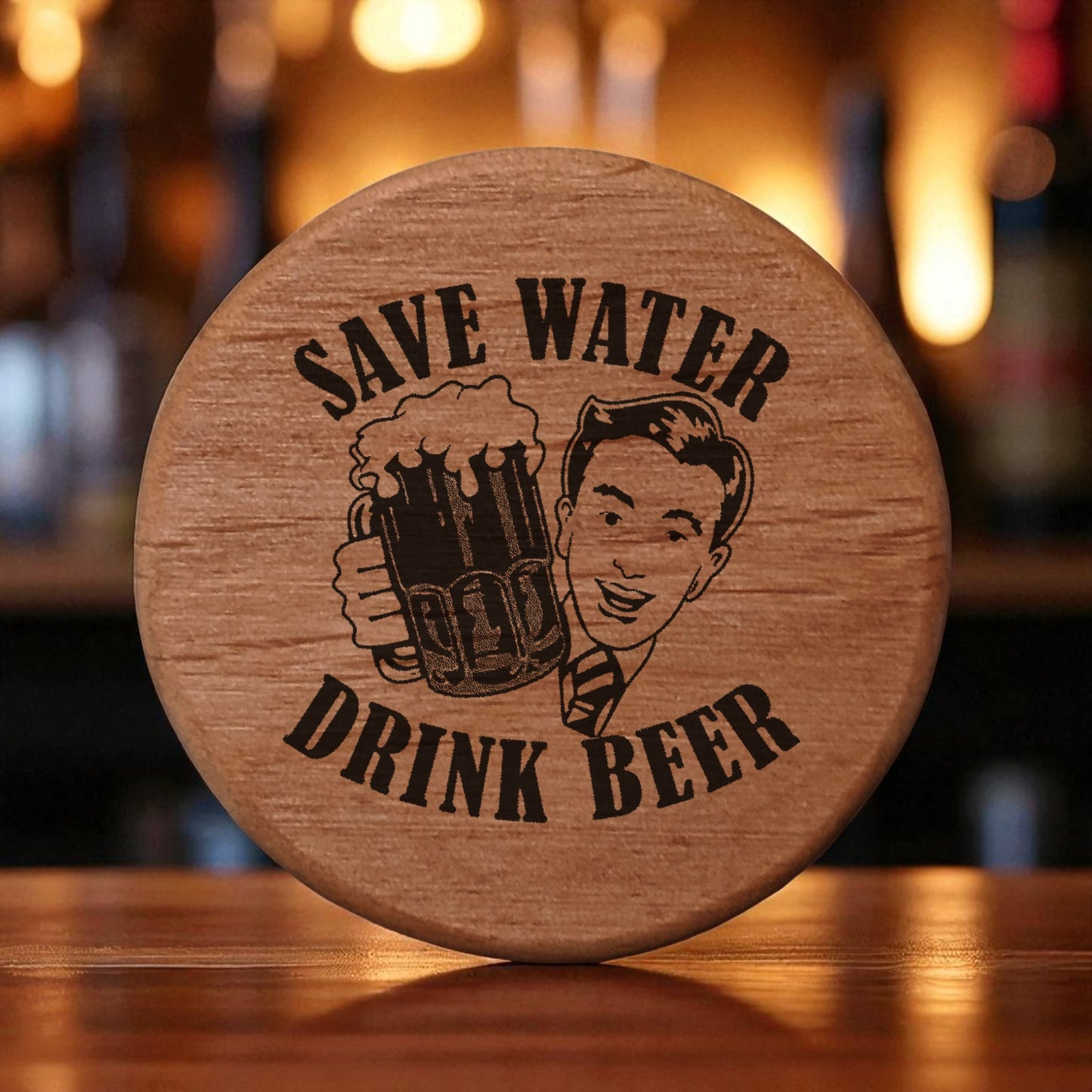Alder Wood Bottle Opener - 3" Round Magnetic Beer Opener with Vintage Comic Design "Save Water Drink Beer" - Perfect for Fridge, Kegerator, BBQ Grill - Fun Bar Accessory