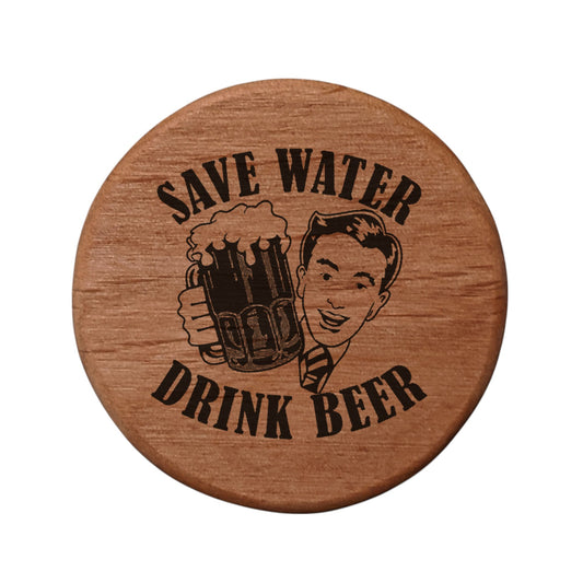 Alder Wood Bottle Opener - 3" Round Magnetic Beer Opener with Vintage Comic Design "Save Water Drink Beer" - Perfect for Fridge, Kegerator, BBQ Grill - Fun Bar Accessory