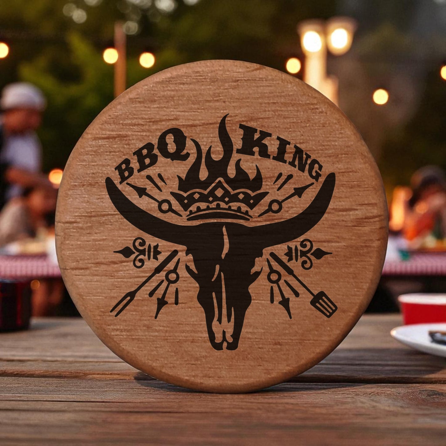 BBQ King Wooden Bottle Opener - 3" Round Alder Wood with Cow Skull Crown Design, Magnetic Fridge Mount, Metal Insert for Beer Bottles, Perfect BBQ Grill Accessory