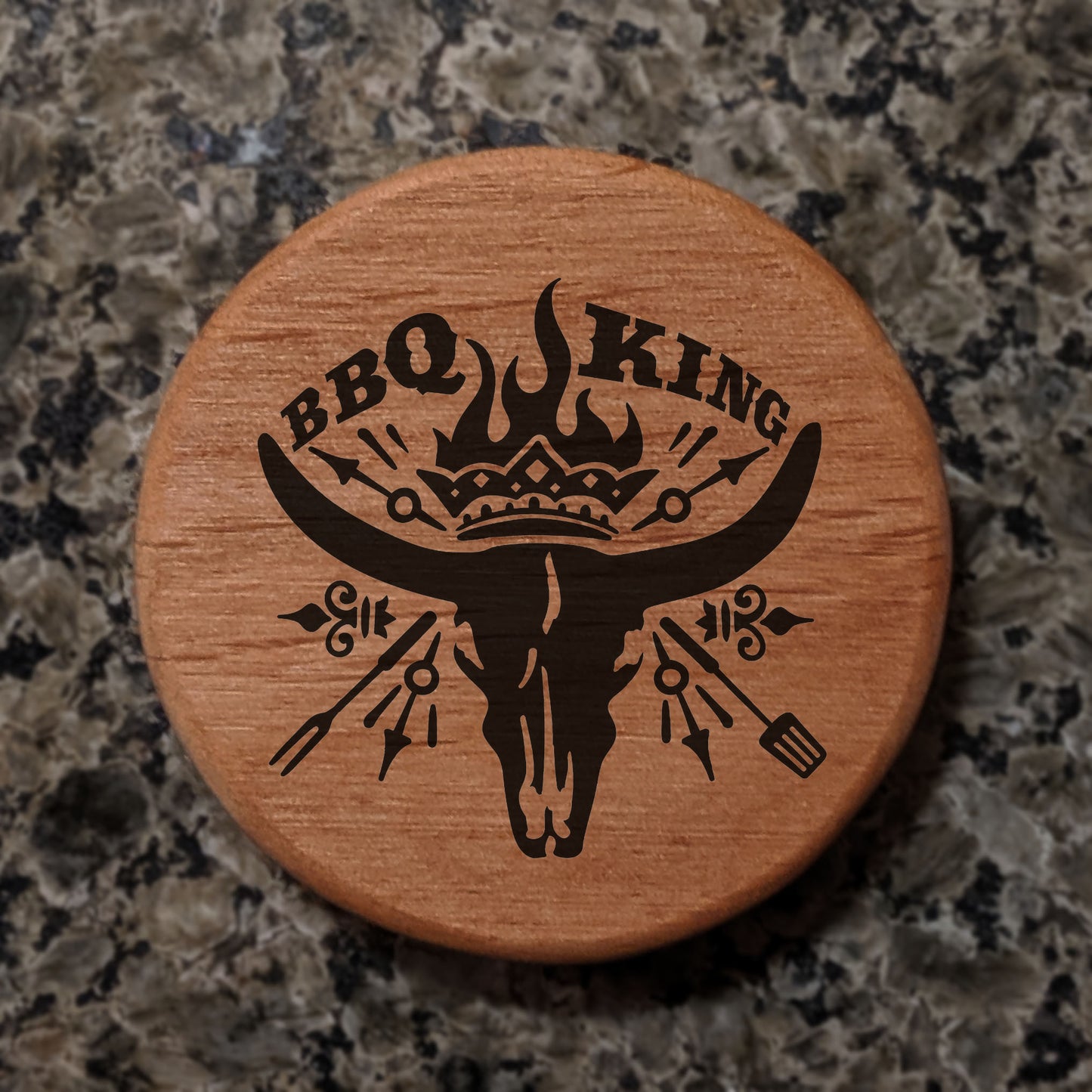 BBQ King Wooden Bottle Opener - 3" Round Alder Wood with Cow Skull Crown Design, Magnetic Fridge Mount, Metal Insert for Beer Bottles, Perfect BBQ Grill Accessory