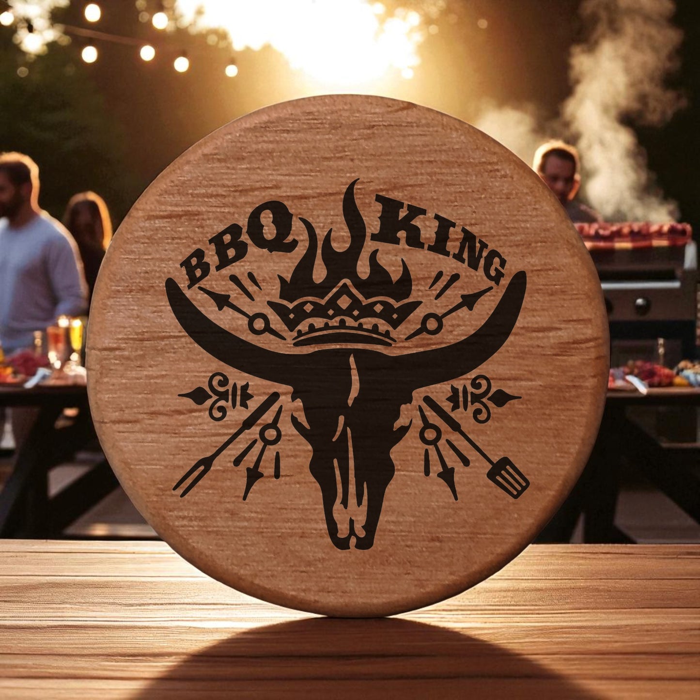 BBQ King Wooden Bottle Opener - 3" Round Alder Wood with Cow Skull Crown Design, Magnetic Fridge Mount, Metal Insert for Beer Bottles, Perfect BBQ Grill Accessory