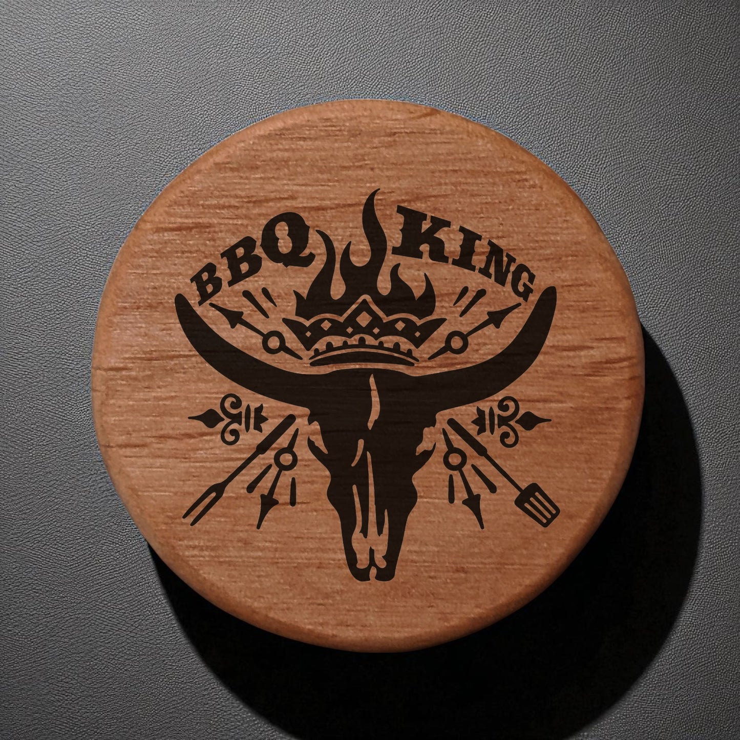 BBQ King Wooden Bottle Opener - 3" Round Alder Wood with Cow Skull Crown Design, Magnetic Fridge Mount, Metal Insert for Beer Bottles, Perfect BBQ Grill Accessory