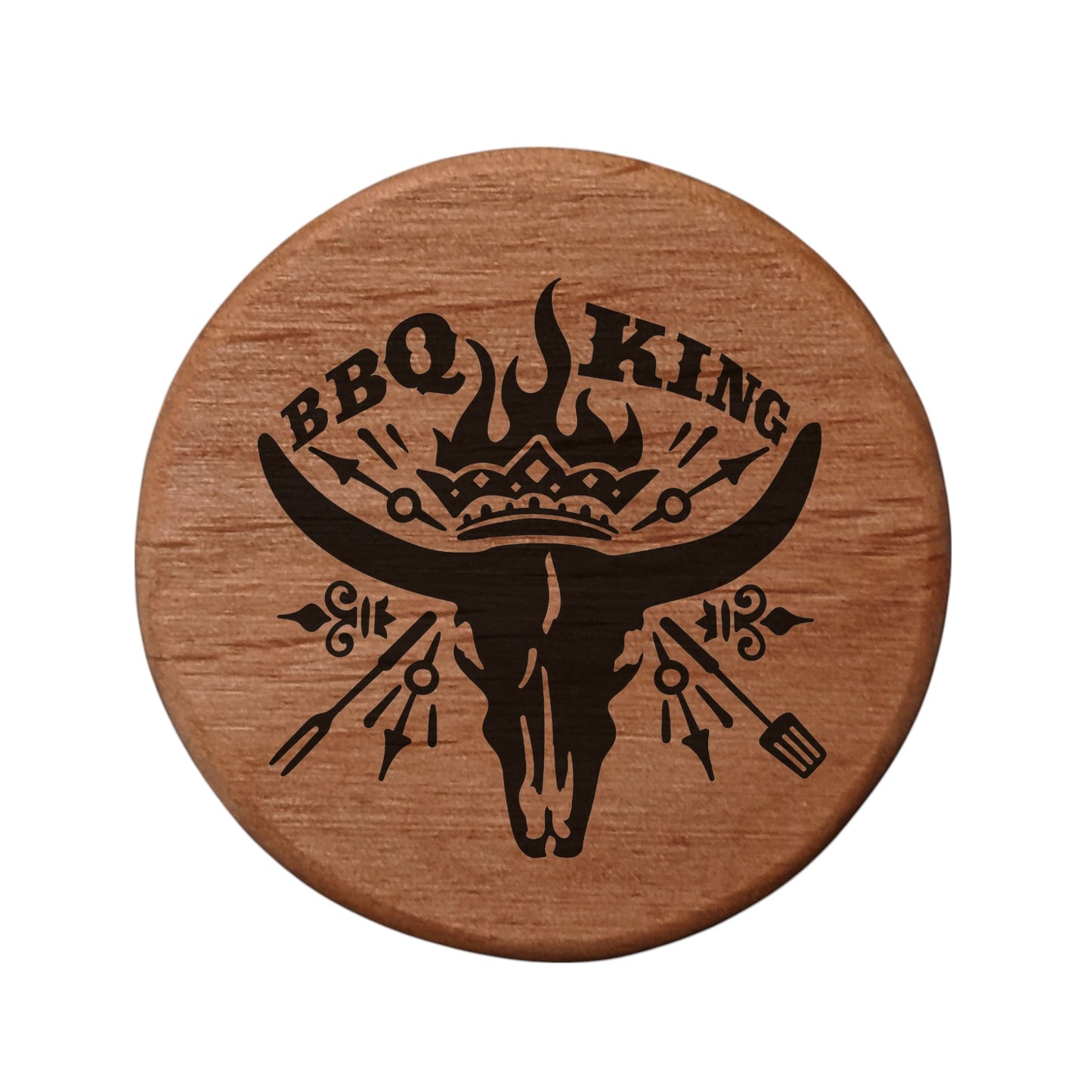 BBQ King Wooden Bottle Opener - 3" Round Alder Wood with Cow Skull Crown Design, Magnetic Fridge Mount, Metal Insert for Beer Bottles, Perfect BBQ Grill Accessory