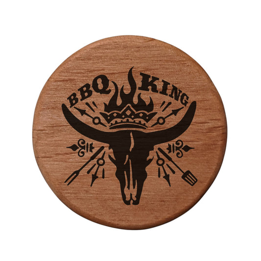 BBQ King Wooden Bottle Opener - 3" Round Alder Wood with Cow Skull Crown Design, Magnetic Fridge Mount, Metal Insert for Beer Bottles, Perfect BBQ Grill Accessory