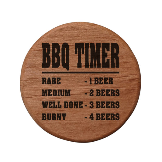 BBQ Timer Bottle Opener - 3" Round Alder Wood with Magnetic Beer Opener, Funny Grilling Gift for Dad, Laser Engraved Meat Cooking Guide, Fridge Magnet for Kitchen