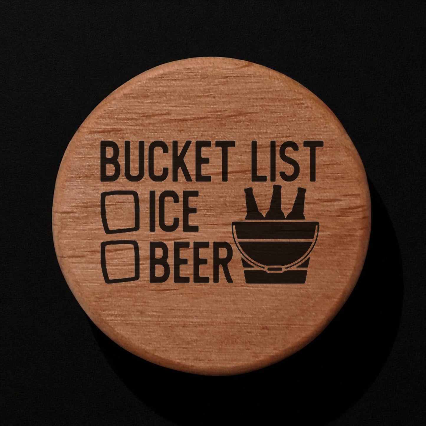 Alder Wood Bottle Opener 3" Round Magnetic Fridge Mount with Ice & Beer Bucket List Design - Perfect for Kitchen, Kegerator, BBQ Grill & Man Cave Essentials