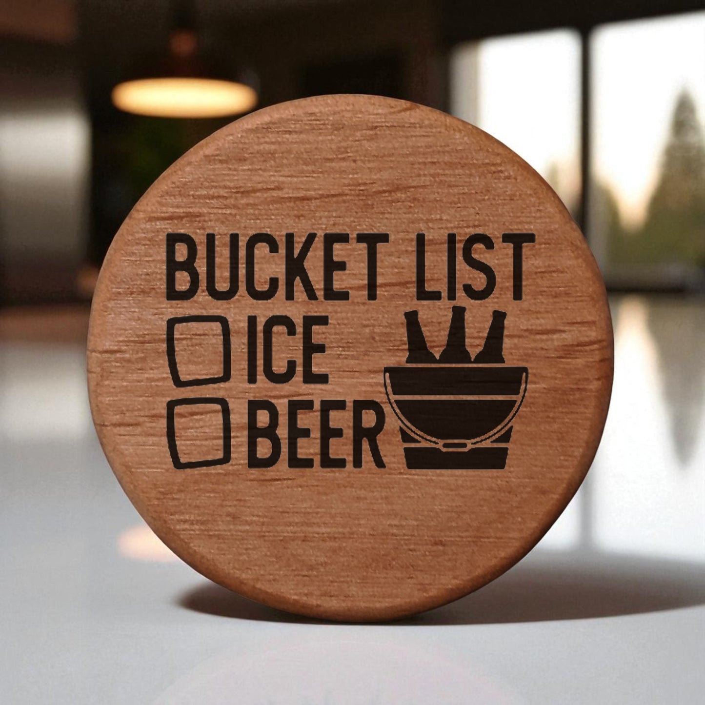 Alder Wood Bottle Opener 3" Round Magnetic Fridge Mount with Ice & Beer Bucket List Design - Perfect for Kitchen, Kegerator, BBQ Grill & Man Cave Essentials