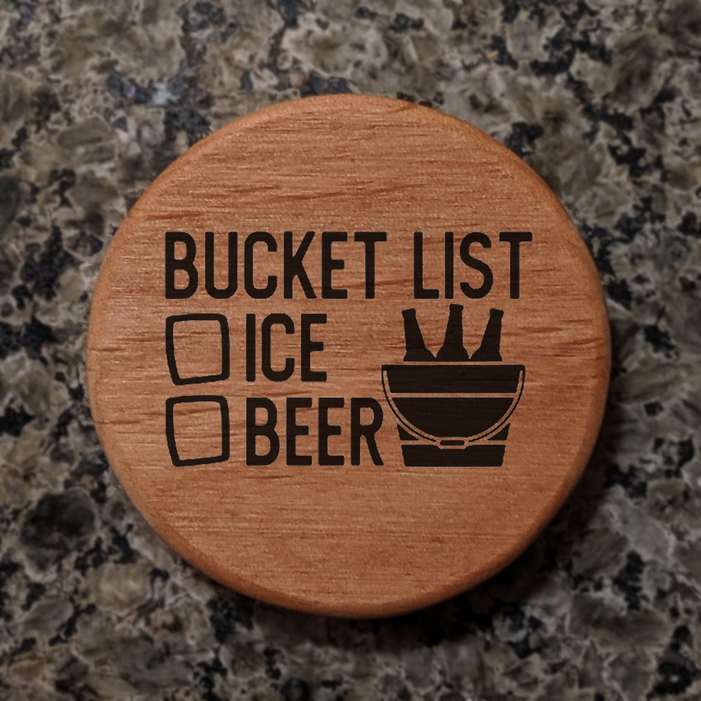 Alder Wood Bottle Opener 3" Round Magnetic Fridge Mount with Ice & Beer Bucket List Design - Perfect for Kitchen, Kegerator, BBQ Grill & Man Cave Essentials