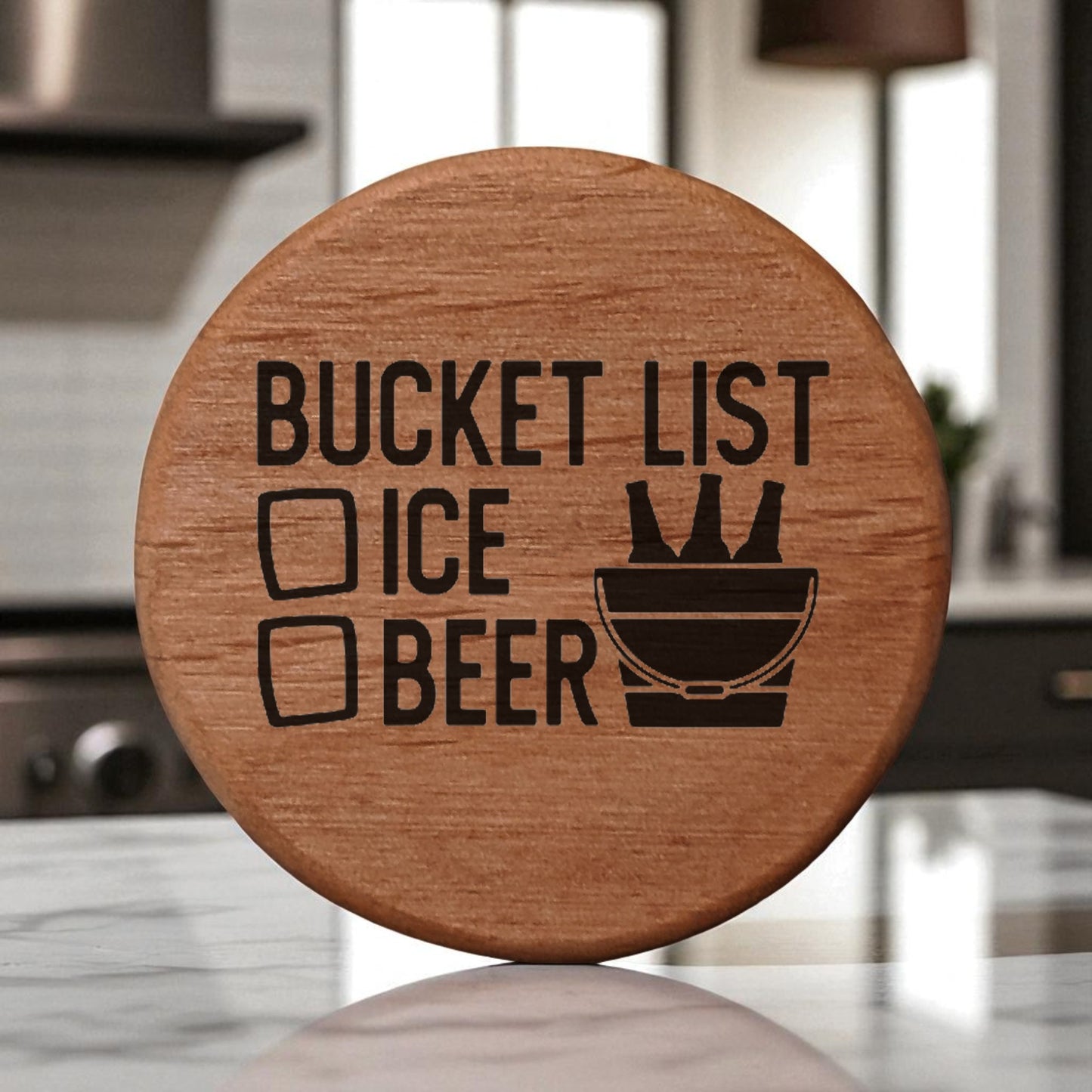 Alder Wood Bottle Opener 3" Round Magnetic Fridge Mount with Ice & Beer Bucket List Design - Perfect for Kitchen, Kegerator, BBQ Grill & Man Cave Essentials