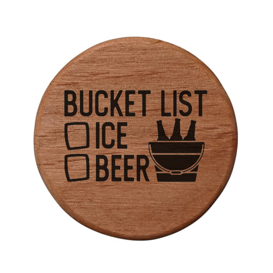Alder Wood Bottle Opener 3" Round Magnetic Fridge Mount with Ice & Beer Bucket List Design - Perfect for Kitchen, Kegerator, BBQ Grill & Man Cave Essentials