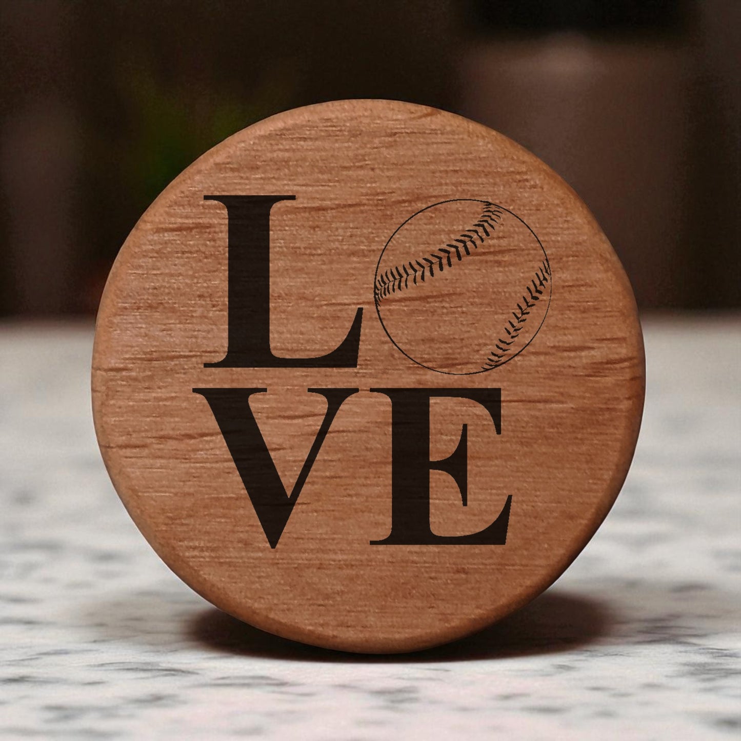 Love Baseball Alder Wood Bottle Opener - 3" Round Magnetic Fridge Opener with Metal Insert & Rare Earth Magnets for Kitchen, BBQ Grill, Kegerator - Sports Fan Gift