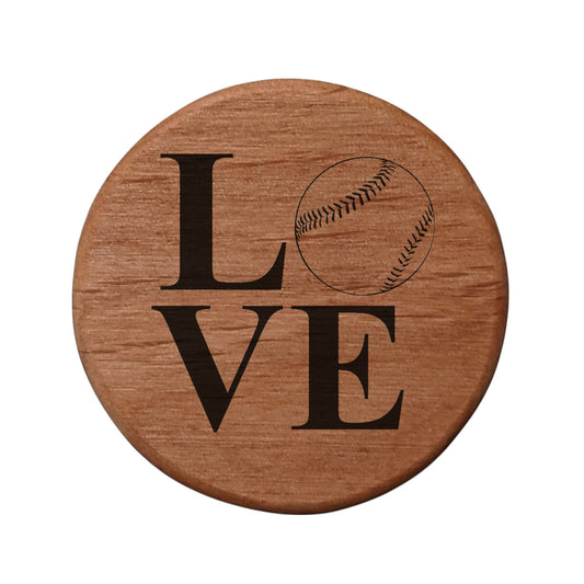 Love Baseball Alder Wood Bottle Opener - 3" Round Magnetic Fridge Opener with Metal Insert & Rare Earth Magnets for Kitchen, BBQ Grill, Kegerator - Sports Fan Gift