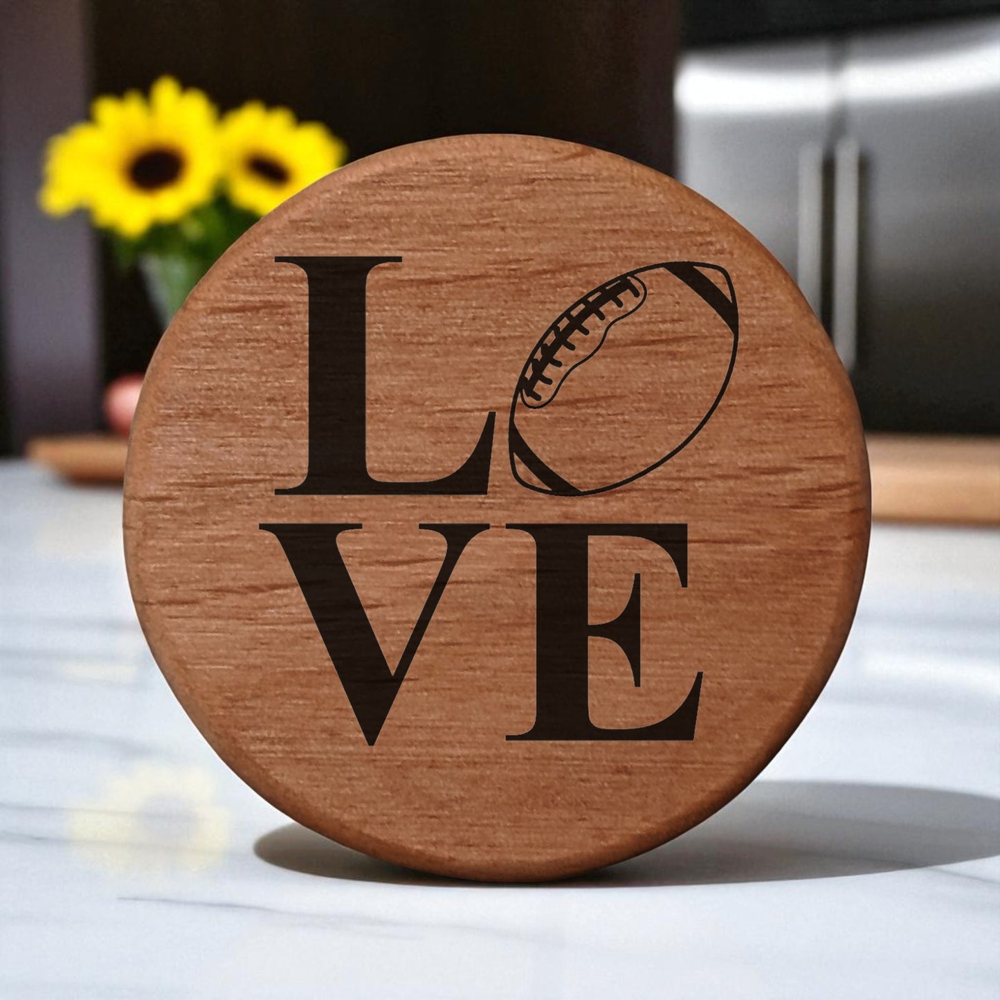 Love Football Bottle Opener - 3" Round Alder Wood with Metal Insert & Magnets - Perfect for Fridge, Kegerator, BBQ Grill - Laser Engraved Sports Design Gift